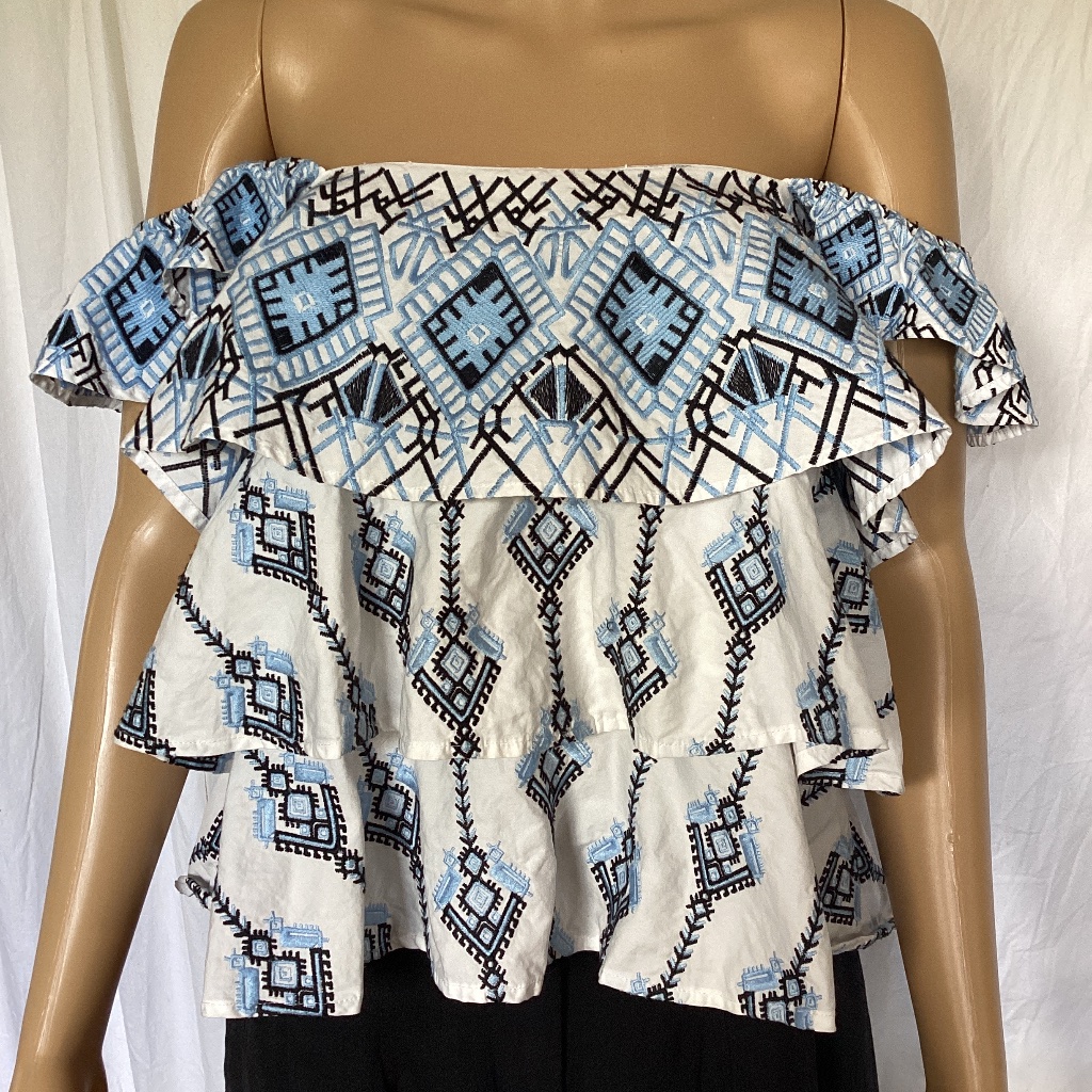 Caroline Constas Embroidered Tiered Ruffle On Off Shoulder Top L